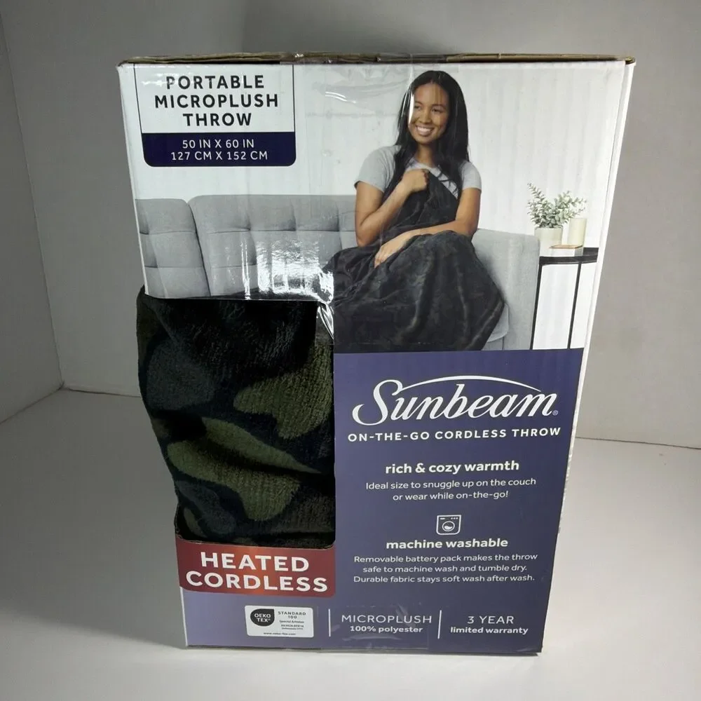 Sunbeam On-the-Go Cordless Heated Throw Blanket Microplush 4 Heat Settings 4 Hr